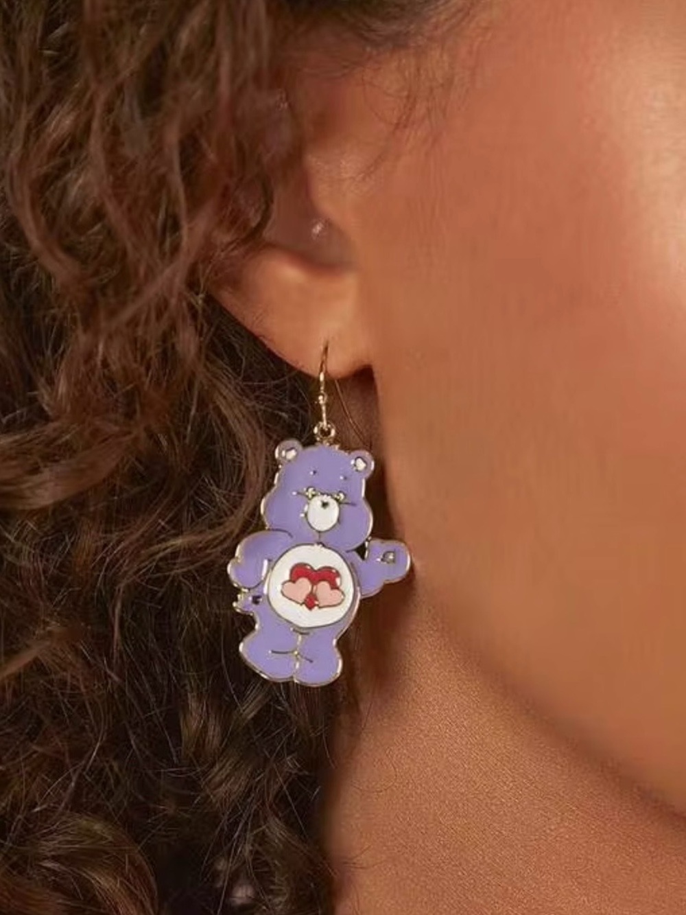 Care Bears Purple Enamel Heart Belly Drop Earrings